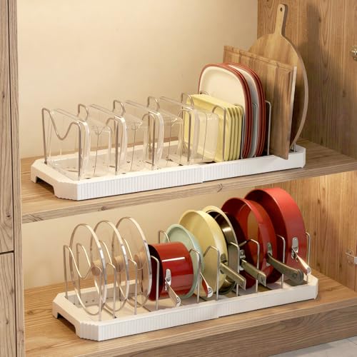 2-Pack Expandable Pot Lid Organizer, 22″ Pot and Pan Holder | Adjustable, Under Cabinet, 10 Dividers, Inside Kitchen Cabinet Storage Rack for Baking Sheets, Cutting Boards, Cookware