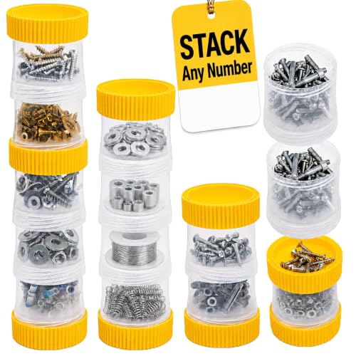 Stackable Screw Storage Containers – 12 Modular Small Parts Organizer Cups with 9 Lids for Screws, Nails, Nuts, Bolts & Fasteners, Vertical Hardware Storage for Garage & Workshop, OROTO LINKA