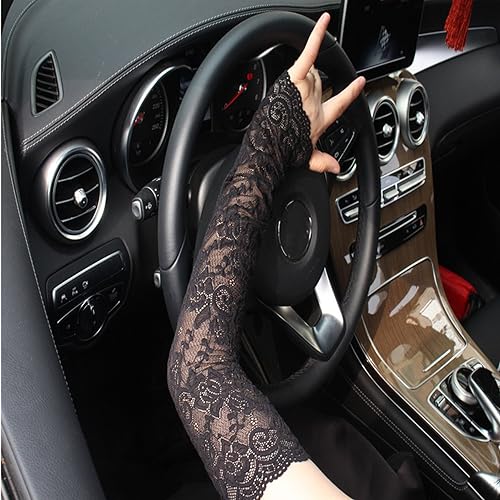 UV Protection Lace Arm Sleeves Floral Fingerless Gloves Summer Driving Gloves for Wedding Parties 2Pairs Black and White2