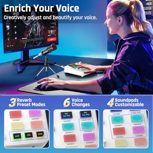 Image of PUPGSIS Gaming Audio Mixer, Audio Interface for PC /Podcast /Streaming, Sound Board with 3.5mm /XLR Mic Input, 48V Phantom Power, Voice Changer, Live Sound Card with DJ Mixer Effects /Bluetooth(White)