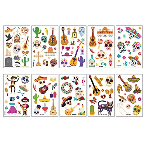 10 Stück Tag der toten Tattoos, Skelett-Gitarren-Musik-Tattoos, Aufkleber für Kinder, mexikanisches Thema, Halloween, Karneval, Party, Goody Bags, Partyzubehör, Dia de Los Muertos, temporäre Tattoos Cover