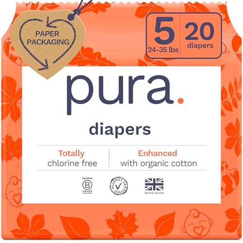 Image of Pura Size 5 Eco-Friendly Diapers (24-35lbs) Totally Chlorine Free (TCF) Hypoallergenic, Soft Organic Cotton, Sustainable Comfort, 12 Hours Leak Protection, Allergy UK,1 Pack of 20 Diapers