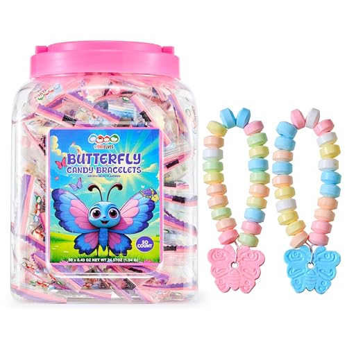 50 Butterfly Candy Bracelets, Novelty Pastel Candy Bracelets with Butterfly Charm, Cute Individually Wrapped Butterfly Party Favors, by 4YoreElves