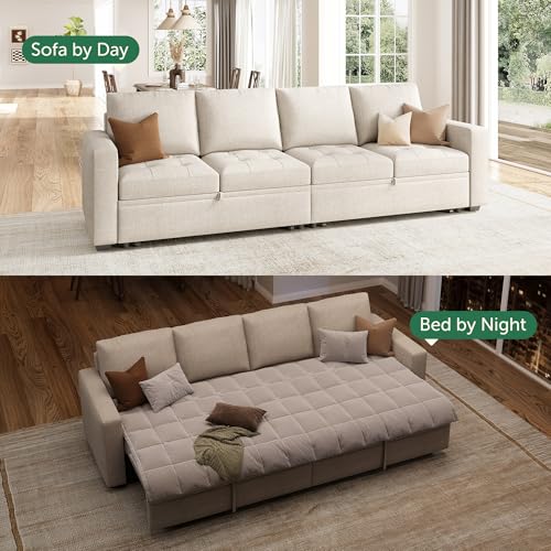 Image of HONBAY Modular Sectional Sleeper Sofa with Pull Out Bed, Linen Convertible Sectional Couches for Living Room,Beige