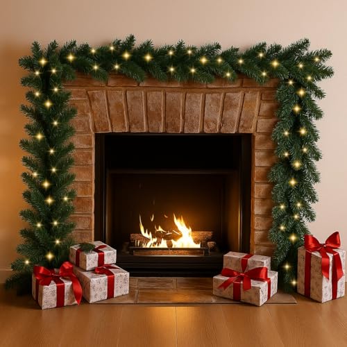 9.8ft/3M Christmas Garland Decoration with 50 Warm White LED Lights, Artificial Pine Green Garland for Fireplace Mantle Stairs Front Door Indoor Outdoor Christmas Holiday Decor
