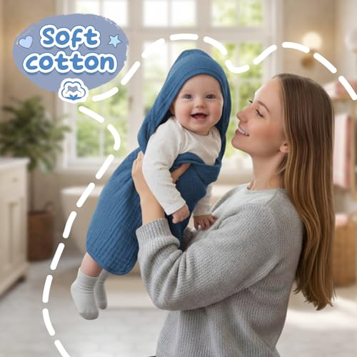 Image of Breling 6 Pcs Muslin Hooded Baby Bath Towel, Hand Towels and Washcloth Set, 36 inchx 36 inch Cotton Newborn Bath Towel Cotton Absorbent Blanket Unisex Newborn Gift Essentials for Girl Boy (Blue,Grey)