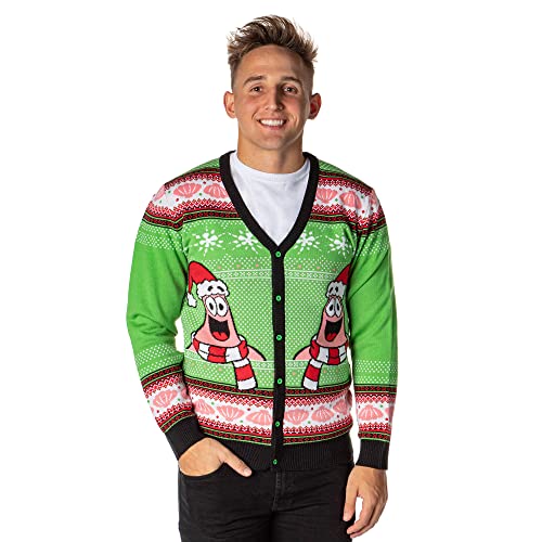 Spongebob Squarepants Men's Santa Patrick Star Ugly Sweater Button-Up Knit Cardigan