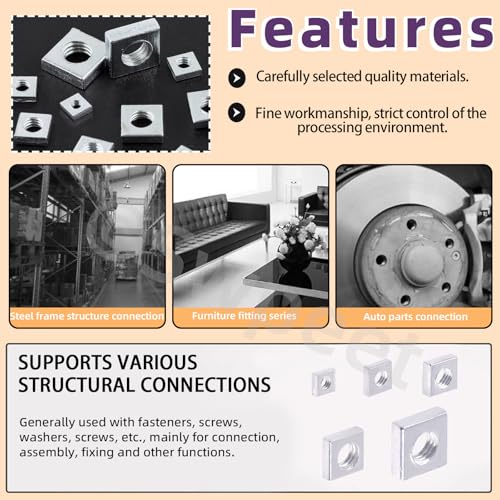 Swpeet 90Pcs 5 Größen M3 M4 M5 M6 M8 Weiß Zink Metric Grob Gewinde Vierkantmuttern Assortiment Kit, Maschinenschraubenmutter Metric Grob Gewinde für Home Automotive Shop Gebrauch