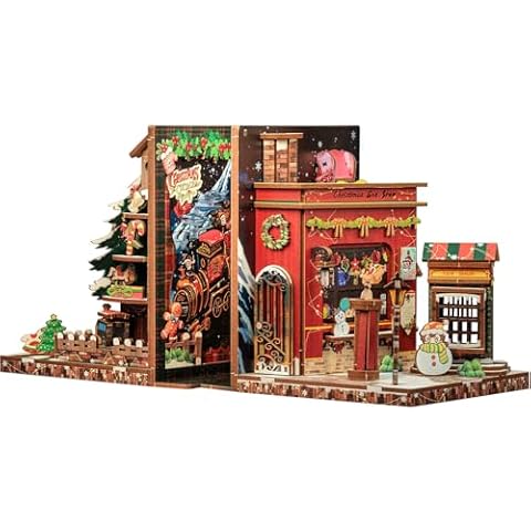 CUTEBEE DIY Christmas Bookend for Shelves 3D Wooden Puzzle Decorative Book Nook Kit Book Ends Miniature House Bookshelf Room Home Decor for Family, Friends Cover