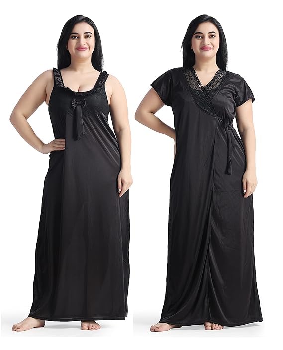 Women's Satin Nighty with Robe Set, Multicolor Soft Satin Nightwear, Stylish Sleepwear Nightdress.-image-8