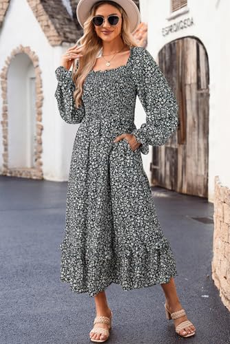 Image of Dokotoo Boho Dresses for Women 2025 Casual Floral Square Neck Long Sleeve Smocked Elastic Waist Tiered Ruffle Hem Maxi Dress
