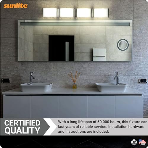 Image of Sunlite LED Decorative Vanity Light Fixture, 40 Watts, 2600 Lumens, Color Selectable 30K /40K /50K, 4 Lights, Dimmable, 90 CRI, ETL Listed, Brushed Nickel, for Bathroom, Powder Rooms, and Hotels