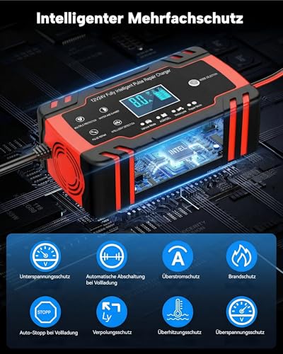 8A Autobatterie Ladegerät 12V/24V, KFZ Batterieladegerät Intelligentes Erhaltungsladegerät mit Temperaturkompensation, Vollautomatisches Motorrad Ladegerät für Auto, LKW, Rasenmäher oder Boot