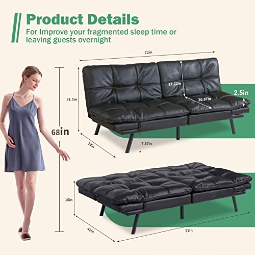 Vyfipt Futon Sofa Bed/Couch,Leather Memory Foam Small Splitback Sofa For Living Room,Modern Loveseat With Covertible Armrests,71" L(Black) #TOP1