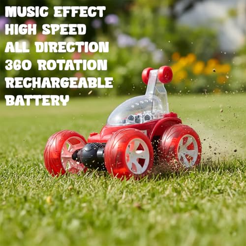 Image of Remote Control Stunt Car for Kids, 360 Spins RC Off-Road Monster Truck, 4WD Rock Crawler Vehicle with LED Lights, Rechargeable Battery, Shockproof Design (Red, 9802)