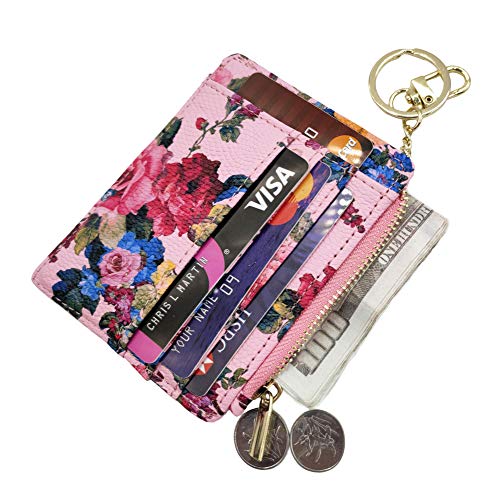 woogwin Slim RFID Credit Card Holder for Women Mini Front Pocket Wallet Purse With Keychain (FlowerPink)