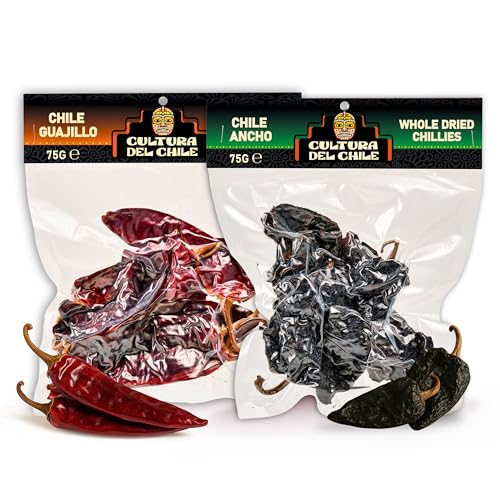 Paquete de chiles enteros secos mexicanos. Guajillo 75g y Ancho 75g (150g total) - Todo natural, de calor suave a medio para un sabor mexicano auténtico. Ideal para tacos de birria, mole, tamales y