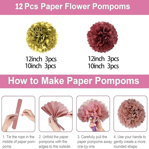 12pcs Burgundy and Glod Tissue Paper Pompoms,Maroon and Glod Hanging Paper Pom Poms for Birthday Party Decoration by CC wonderland zone - Used condition - Image 3
