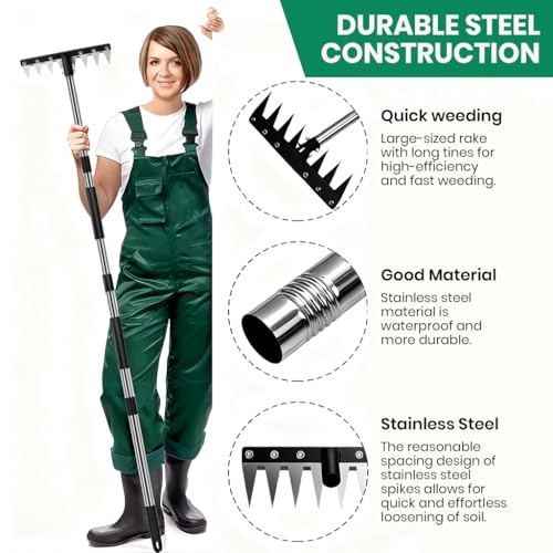 Image of HASTHIP Garden Rake 8-Spike Steel Detachable Long Handle for Yard