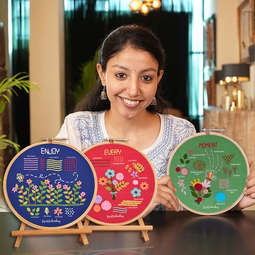 Image of picknMAKE Combo of 3 Embroidery kit for Beginners for Adults & Kids | Complete embroidery combo kit, 16 threads, hoops, needles, relaxing beginner-friendly craft, great gift for all ages