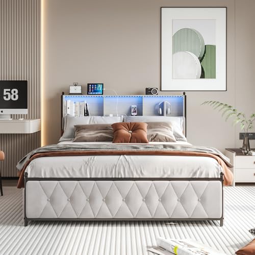 Cama doble con 4 cajones, cama tapizada de 180 x 200 cm, camas dobles con LED regulable, cama con somier de láminas, cabecero con almacenamiento, carga USB, beige (4 cajones, 180 cm)