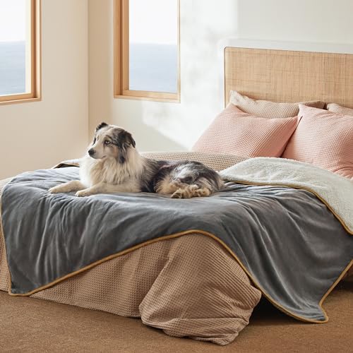 Image of Bedsure Waterproof Blanket for Bed - Sherpa Fleece Waterproof Dog Blankets for Large Dogs, Pet Blankets for Bed /Couch, Soft Plush Reversible Furniture Protector, Twin Size, 80 inchx60 inch, Grey