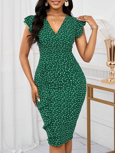 Image of Yajedo Women's Summer Bodycon Midi Dress Print Ruffled Sleeves V Neck Ruched Cocktail Pencil Dress