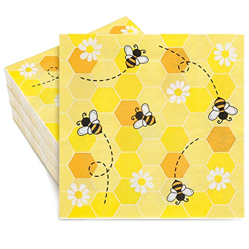 Whaline Bee Paper Napkins 6.5 X 6.5 Inch Bumblebee Daisies Print Disposable Luncheon Napkins Yellow Honeycomb Lunch Napkins For Spring Summer Home Dinner Buffet Tableware Party Supplies, 80 Pack #TOP15