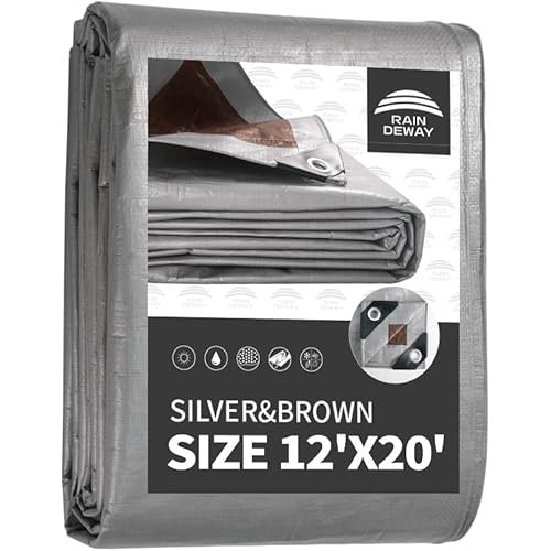 RAINDEWAY Tarps Heavy Duty Waterproof 12x20 Feet, 10Mil Multipurpose Poly Tarp Cover with Metal Grommets,Silver/Brown Tarp Finished Size,for Carport，Boats，Camping