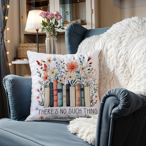Image of Floral Book Pillow Covers 18x18, Reading Corner Nook Room Decor, Book Lover Gifts, There's No Such Thing As Too Many Books Decorative Throw Pillow Covers for Bedroom Home Library