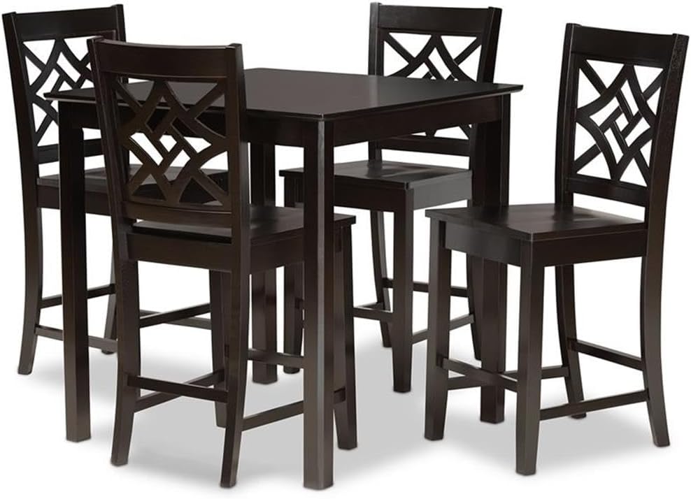 BOWERY HILL Transitional Wood Pub Set, 5-Piece, Dark Brown Finish, Includes Square Table and 4 Counter Stools, Scoop Seats with Cut-Out Backs, Oak and MDF Construction, Dining Room or Bar Use