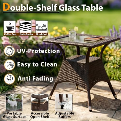 Image of BRISHI 3-Piece Outdoor Rattan Wicker Patio Square Coffee Table Set | Garden Furniture for Balcony, Terrace, Poolside & Porch | Waterproof Bistro Sets for Home & Backyard (Brown)