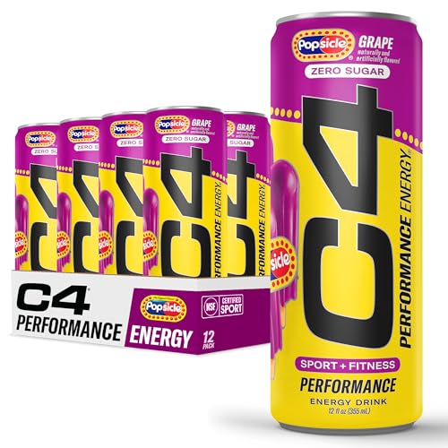 Image of C4 Performance Energy Drink, Grape Popsicle, Zero Sugar Carbonated Preworkout Energy, 200mg Caffeine with Beta Alanine, 12 Fl Oz (12 Pack)