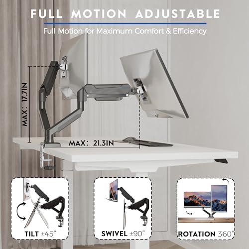 BONTEC Dual Monitor Stand, Adjustable Gas Spring Arms Monitor Desk Mount for 13-32 Inch Screens, VESA 75 & 100mm, 9KG Max Load, C Clamp, Grommet Base, Tilt, Swivel, 360° Rotation, Ergonomic Design - Image 4