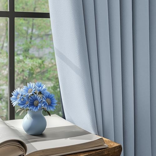Image of FMFUNCTEX 100% Blackout Curtains for Bedroom, Smoky Blue Curtains 63 Inches Long Textured Thermal Insulated Curtains for Living Room Drapes, Black Out Drapery Grommet Room Darkening 2 Panels