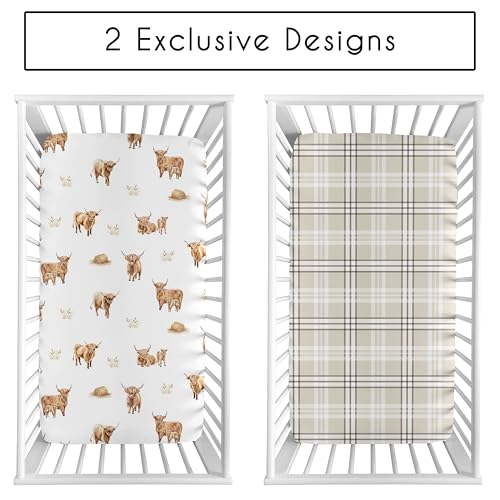 Image of Sweet Jojo Designs 2-Piece Baby Crib Sheets Set (Boho Highland Cow) for Girls or Boys, Infant Nursery, Toddler Room - Fitted, Standard Size (Taupe Plaid and Farm Animal, Watercolor, Rustic Farmhouse)