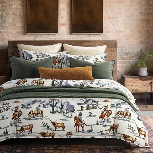 Paseo Road Ranch Life Western Bedding, 3 Piece Queen Size Cotton Comforter Set, Green Longhorn Horse Cow Cowboy Print Western Comforter Set, Soft Cozy Rustic Southwestern Bedding with Pillow Shams