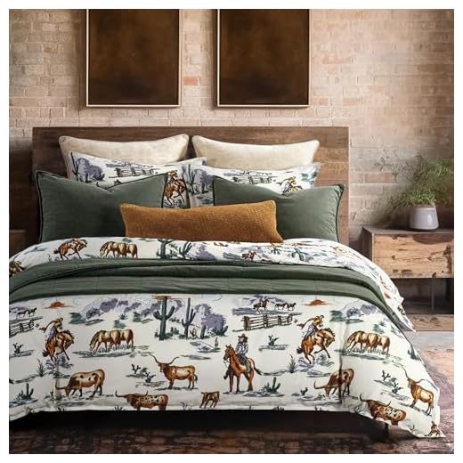 Paseo Road by HiEnd Accents Ranch Life Western Bedding 3 Piece Queen Duvet Cover Set, Cotton Cowboy Longhorn Horse Print Western Bed Set, Rustic Southwestern Comforter Cover Set with Pillow Shams
