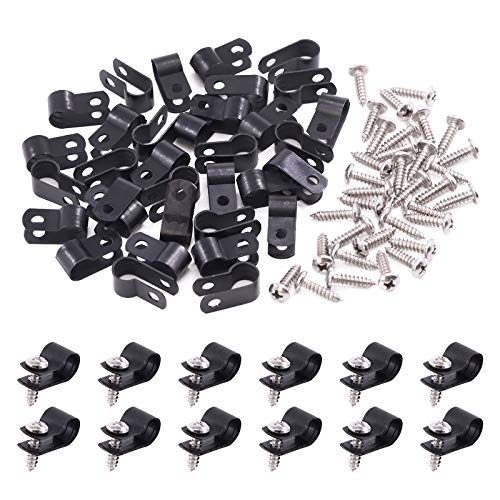 Swpeet 120 Pack Black 5/16 Inch Nylon Plastic R-Type Cable Clips Clamp Kit, Nylon Screw Mounting Cord Fastener Clips with 60 Pack Screws for Wire Management (5/16 Inch, Black)