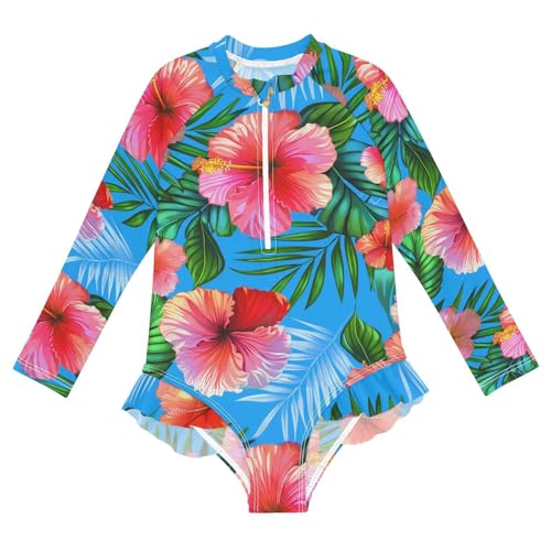 J JOYSAY Hibiscus Palm Leaves Girls One Piece Swimsuits Long Sleeve UPF 50+ Rash Guard Kids Swimwear 3-12 Years