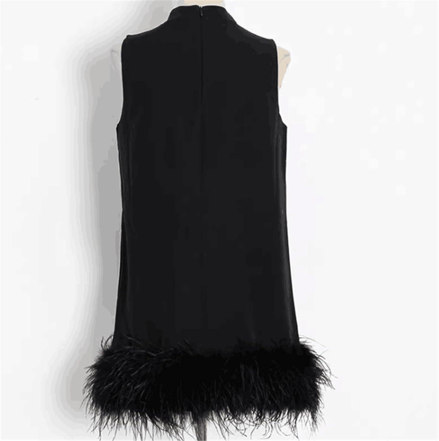 Size M PY-05 Women's Fluffy Ostrich Feather Hem Short Mini Dress Summer Sleeveless Turtleneck Loose fit Dresses
