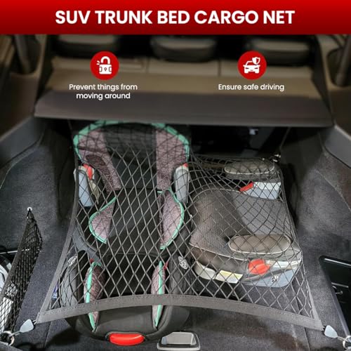 Image of STHIRA Elastic Bungee Cargo Net Car Trunk Shipping Net Mesh Double Layer Stretchy Tie-Down Net with Hooks, Utility Cargo Mesh with Mounting Accessories, 80x60cm
