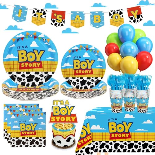 Boy Story Baby Shower Decorations 25 Guests Includes Cardstock Plates Tableware | Tablecloth | Banner | Balloons | Cake Topper for Its a Boy Story Baby Shower Themed Party Decorations