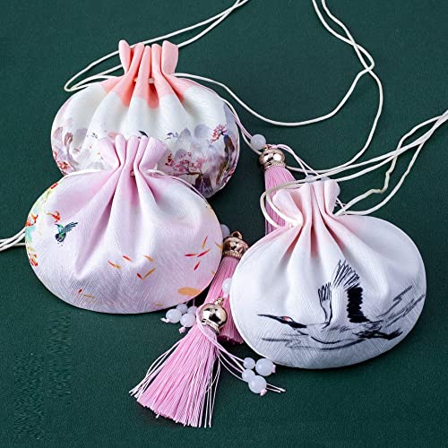 Bolsas de saco chinas 3 pzas brocado con cordón rosa miniatura 1