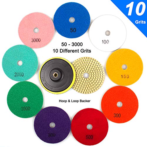 ADVcer Wet Diamond Polishing Pads Set, 4" 10 Pads 50 to 3000 Grit