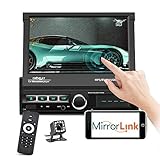 Podofo Single Din Car Stereo Bluetooth 7 Inch Motorized Flip Out Touchscreen Car Radio in Dash Head Unit Support FM AUX USB SD Mirror Link with Backup Camera