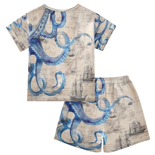 ALAZA Nautical Map Blue Octopus Kraken Ship Pajamas Set Short Sleeve Cotton Sleepwear Summer Pjs 2 Piece 5-14Y2