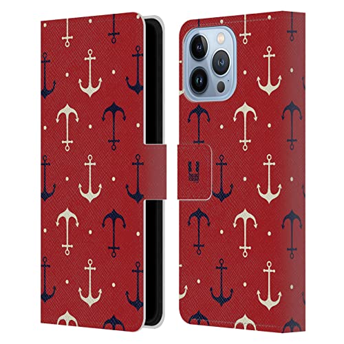 Carcasa de cuero tipo libro iPhone 13 Pro Max con diseño de anclajes marinos blanco y azul