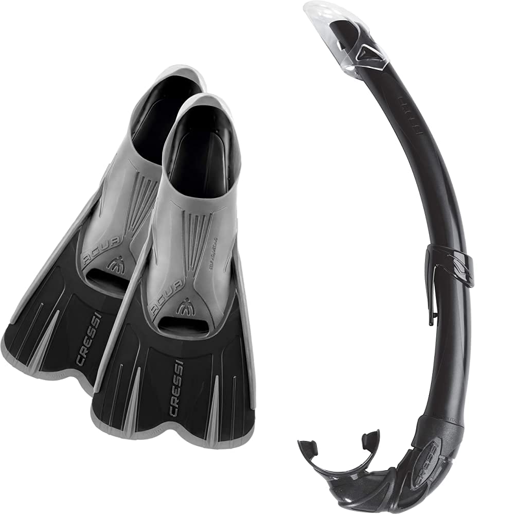 Cressi Agua Short Aletas de Snorkeling, Unisex Adulto, Negro/Plata, 45/46 + Mexico Tubo De Snorkel, Unisex-Adult, Negro, Un Tamaño