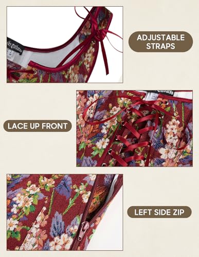 Image of Scarlet Darkness Corset Tops for Women Floral Renaissance Bustier Bodice | Ideal for Halloween, Ren Faire, Theme Party; Overbust, Adjustable Straps, Lace Up, Irregular Hem, Zip Closure, Hand Wash